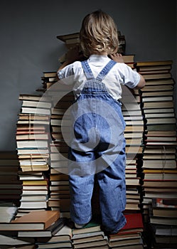 Boy searches books on library