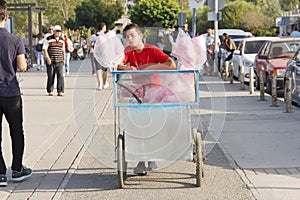 A Boy Is Selling Cotton Candy With His Handcart