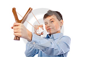 Boy sending messages on crumpled paper