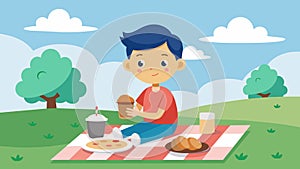 A boy with a severe peanut allergy safely enjoying a picnic at the allergyfree outdoor dining area.. Vector illustration