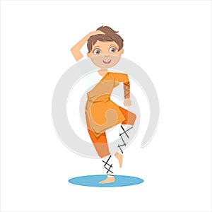 Boy In Shaolin Monk Orange Clothes Demonstrating Starting Stance On Karate Martial Art Sports Training Cute Smiling