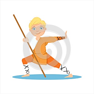 Boy In Shaolin Monk Orange Clothes With a Pole On Karate Martial Art Sports Training Cute Smiling Cartoon Character