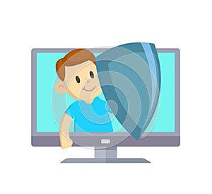 A boy with a shield in a computer monitor. Vector illustration isolated on white. Concept on the topic of child safety