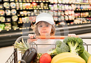 A boy is shopping in a supermarket. Funny customer boy child holdind trolley, shopping at supermarket, grocery store.