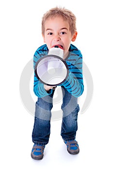 Boy shouting into big white megaphone