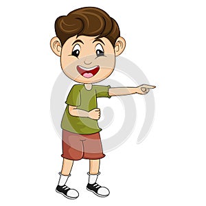 Boy is showing direction while smiling cartoon vector illustration