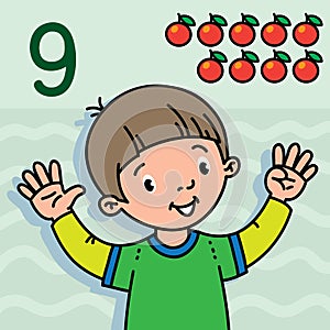 Boy showing nine by hand Counting education card 9