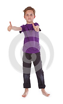 Boy showing ok sign on white