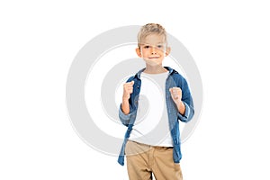 Boy showing yeah gesture isolated on