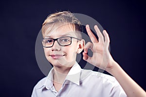 A boy shows ok gesture. People and emotions concept