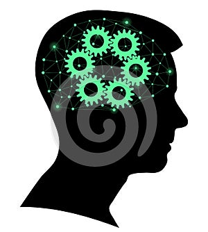 Boy silhouette with a brain gears and network