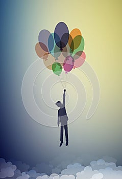 Boy silhouette holds the baloons and flying up to the sky, dreamer concept, flight to the dreamland, shadow story vector