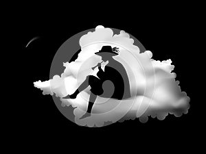 Boy silhouette sitting on the cloud and playing trumpet, lullaby for falling star, night melody, dreamer, shadows, black photo