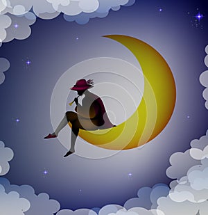 Boy silhouette sitting on the moon and playing trumpet, dreamer, shadows,