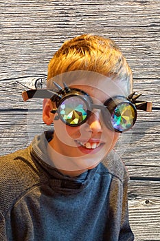 Boy with silly prism glasses