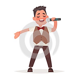 Boy sings a song in a microphone on a white background. Children