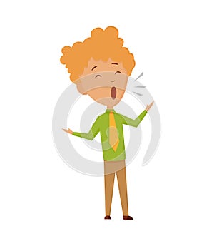 Boy sings a song on a white background. Children`s musical performance. Vector illustration in cartoon style.