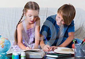 Boy and sister studying with books