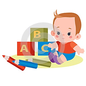 Boy sits among cubes with letters and pencils, flat, isolated object on white background, vector illustration,