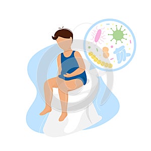 Boy sits on toilet bowl with microorganisms image