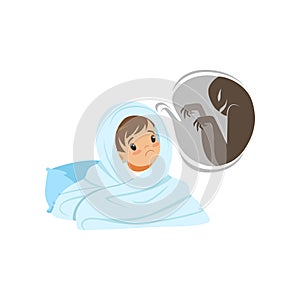 Boy sitting on the bed and hiding from frightening ghost under blanket, kids imagination concept vector Illustration on