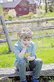 Boy sitting on bench with bouquet of fresh picked flowers