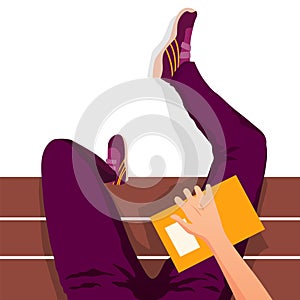 Boy sitting on bench vector illustration of university. Legs top view on white background for back to school design