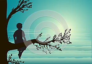 Boy sitting on big tree branch, silhouette, secret place, childhood memory, dream,