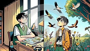A boy is sitting at a desk and dreaming about birds, Birder Dream Goals scene photo