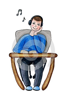 Boy is sitting at the desk, reading a book and listening music. Watercolor hand drawn illustration in cartoon doodle style. Blue