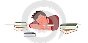 Boy sitting at desk and sleeping or taking nap among books while preparing for school or university examination or test