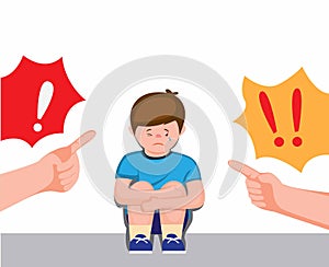 Boy sitting feeling sad and cry being scolded parent, scolding with forefinger to children symbol cartoon flat illustration vector