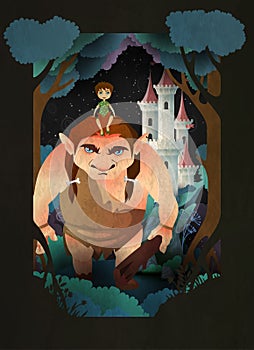 Boy sitting on giants head in front of forest and castle. Fairytale vector illustration