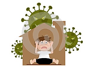 Boy sitting in home and fear, panic covid-19 coronavirus