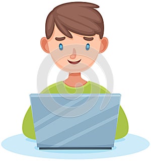 Boy sitting with laptop serfing internet on white background, typing, writing message on keyboard