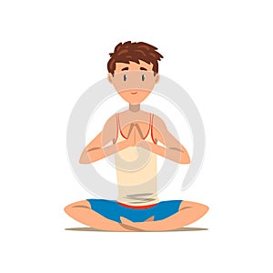 Boy sitting in Lotus yoga pose, exercise for back pain and improving posture vector Illustration on a white background