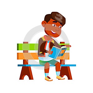 Boy Sitting On Park Bench And Reading Book Vector