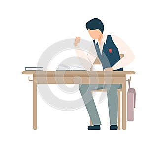 Boy Sitting At School Desk Ready to Fight with Someone During Lesson Vector Illustration