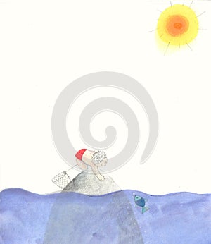 A boy sitting on a stone rock in the sea with a fish net looking at the fish