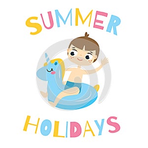 Boy sitting on swimming circle unicorn. Kid having summer holidays fun on inflatable ring