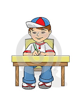 Examination Boy sitting at a table and wrote photo