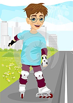 Boy skating on rollerblades on sidewalk along the road