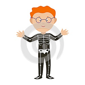 A boy in a skeleton costume somewhere on Halloween. A child in a carnival costume. Vector illustration in flat style