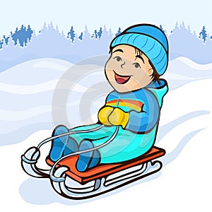 Boy sledding, cartoon character, hand drawing, winter kids fun. Cute happy child in blue jumpsuit joyful rides in sled on snow