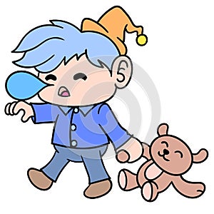 Boy sleep delirious walking carrying a teddy bear, doodle icon image kawaii