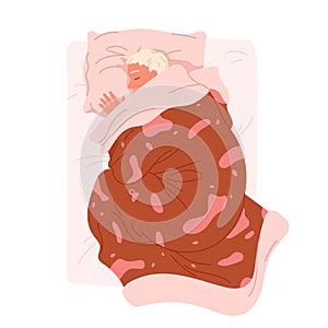 Boy sleeping in bed, top view of sleepy little child lying on pink comfortable pillow