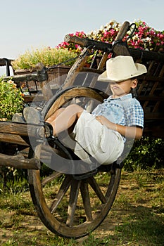 Boy sleeping in garden on the carriage