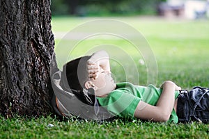 Boy sleeping under tree