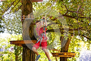 Fun on zip line boy slide from one tree to another