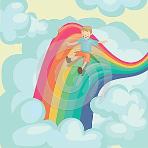 boy sliding on rainbow. Vector illustration decorative design